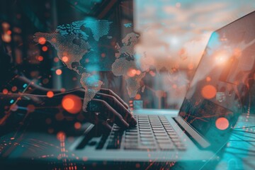 Aufkleber - a laptop computer sitting on top of a table, Overlay a laptop with a world map to craft a double exposure that represents global business operations and the influence of technology