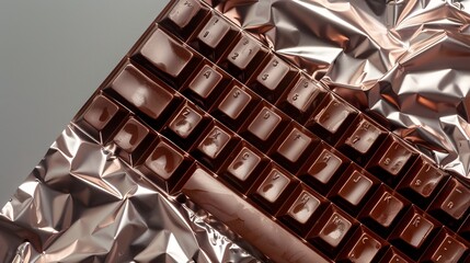 Wall Mural - Metallic keyboard in copper tones on crumpled metallic foil surface. Modern and futuristic style. Perfect for tech and computing themes. Ideal conceptual image for technology presentations. AI