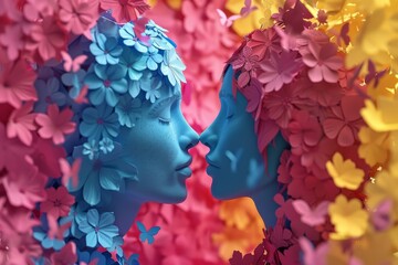 Sticker - Artistic sculpture of a couple with colorful flowers symbolizing love and creativity in a vibrant dynamic setting