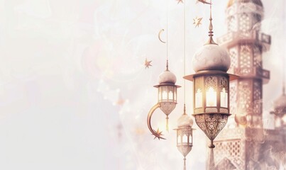 Wall Mural - ramadan kareem background with mosque and lanterns. 3d illustration 