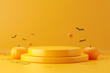 Wall Mural - A yellow stage with a pumpkin and a pumpkin lantern on it