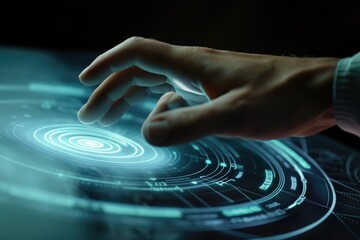 Wall Mural - closeup of a hand interacting with a holographic interface or touchscreen, showcasing technology int