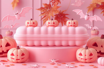 Wall Mural - A pink cake with a pumpkin on top and a few other pumpkins around it