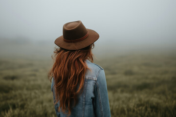 mystical auburn haired woman in brown hat , denim jacket, standing in misty green field