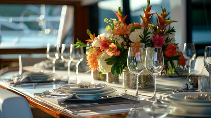 dining setting on yacht with elegant floral arrangement