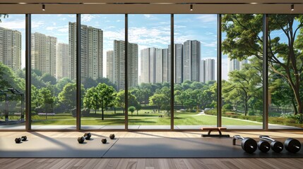 modern gym with energy-efficient windows that provide clear views of a city park, motivating exercisers with natural scenery while maintaining a controlled climate inside