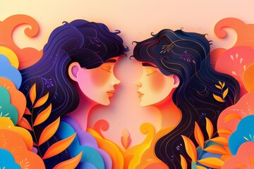 Wall Mural - Colorful illustration of two women facing each other representing love and diversity in a vibrant artistic setting