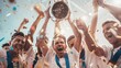 © Bonsales - Ecstatic football team won the championship trophy. Excited multi-ethnic young sportsmen celebrating victory on field with confetti falling from above. Sport, teamwork, success, happiness concept.