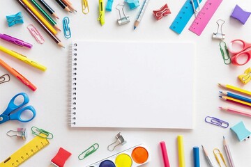 Wall Mural - Flat lay frame of school supplies and blank paper notepad on white background. Back to school concept. Top view, overhead, space for text