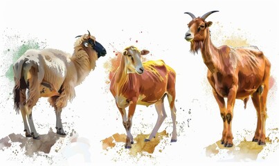 Wall Mural - vector poster, white background, goat, camel, and cow for design Digital illustration, white background, watercolor style 