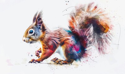 Wall Mural - Watercolor squirrel illustration in a distinctive style, set against a white background. 