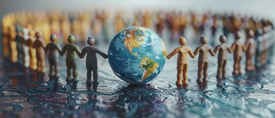 Diverse group of people in professional attire holding hands around a globe symbolizing global wealth equality