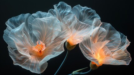 Wall Mural - Gossamer-like carnation flowers with semi-transparent petals emit a serene, luminous glow. The intricate veins and flowing design create an enchanting, tranquil beauty in the dark.