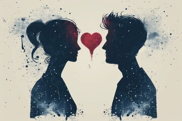 Poster - Silhouette of a couple facing each other with a heart symbolizing love and unity in an artistic serene setting