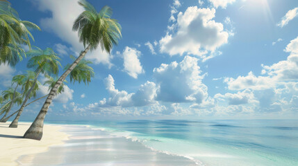 Wall Mural - Tranquil beach scene featuring towering palm trees swaying gently in the warm breeze.