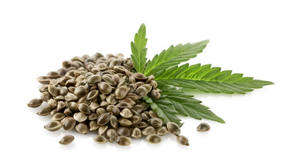 Heap of hemp seeds and hemp leaf isolated on white background