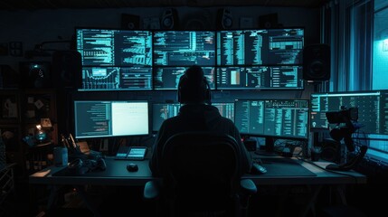 Wall Mural - back view of professional software developer coding program or engineering prompt. skilled programme