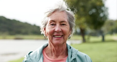 Poster - Nature, fitness and face of elderly woman with smile for workout, health and exercise in retirement. Happy, environment and portrait of senior person in park for training, cardio and wellness