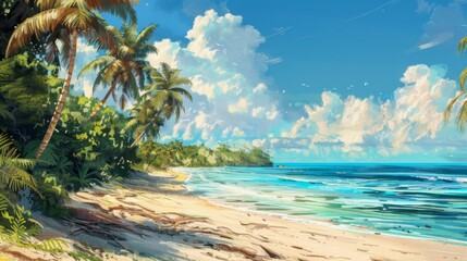 Wall Mural - A beautiful beach scene with tall palm trees and a clear, vibrant sky filled with white, fluffy clouds. The pristine shoreline is bathed in warm sunlight.