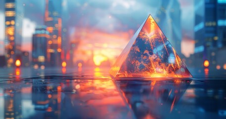 Wall Mural - Glass pyramid on a wet city street at sunset, with blurred lights and vibrant colors creating a bokeh effect.