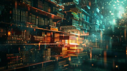 Wall Mural - A futuristic and abstract library scene featuring glowing book shelves. The image showcases modern design elements with a vibrant light interplay, creating a surreal atmosphere.