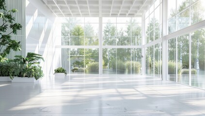 Wall Mural - inside of an empty modern white building with large windows overlooking trees and plants Generative AI