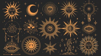 Wall Mural - Geometric and artistic symbols of the sun and eyes, merged with cosmic elements on a dark background, representing a mix of abstract art and celestial themes.