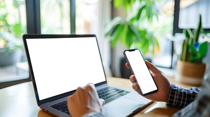 man using smartphone and laptop, smartphone screen, laptop screen transparent background