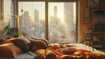 Poster - Cozy Bedroom with a City View