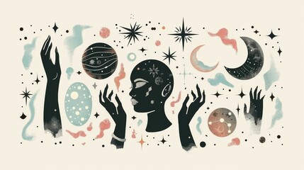 Wall Mural - a surreal, abstract image featuring planets, stars, and crescent moons with silhouetted hands reachi
