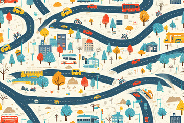 Busy city roads with vehicles and trees, arranged in a seamless pattern. The design features buses, cars, and buildings with a whimsical touch.