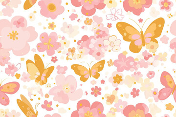 Sticker - Seamless pattern with pink and orange butterflies and flowers on a white background. The design features various flower shapes and sizes interspersed with butterflies.