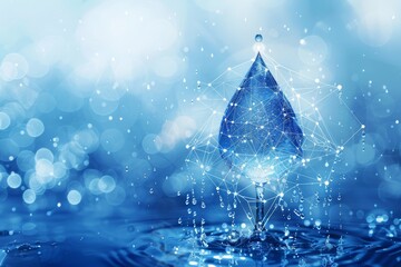 Fototapete - Futuristic Network Design Emerging from a Water Droplet, Symbolizing Connectivity and Innovation in a Blue Abstract Setting