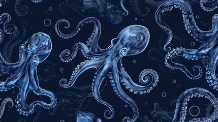 The image showcases a seamless pattern of intricately designed blue octopuses set against a dark navy background, conveying an underwater nautical theme with swirling tentacles.