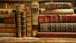 © Gia - The image portrays vintage books neatly lined up on wooden shelves in a scholarly library, reflecting the rich history, wisdom, and knowledge contained within their pages.