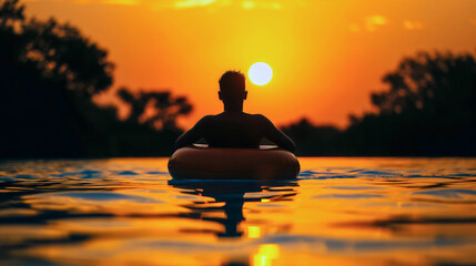 Poster - Silhouette of man sitting in a pool float, standing in swimming pool water at sunset. Summer holiday vacation travel leisure and relax, enjoy fun luxury hotel resort lifestyle, villa, outdoors