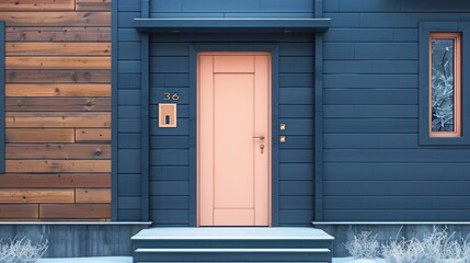 Wall Mural - soft peach door with classic wood paneling on a dark blue modern house, soft and warm in a wintry ur