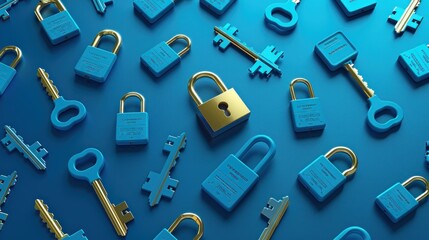 Wall Mural - Blue and Gold Keys and Locks Abstract Background