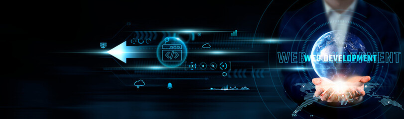 Wall Mural - web development concept: businessman holding global network connection on social networking and web 