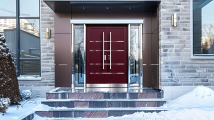 rich maroon door with elegant silver trim on a modern house, providing a luxurious entrance in a snowy urban setting