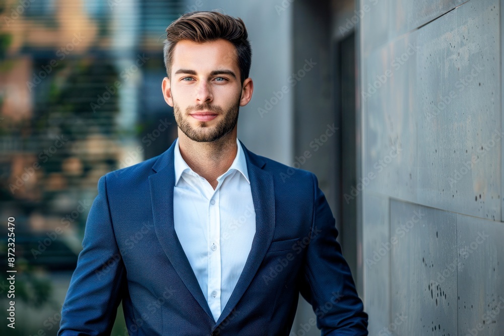 confident young businessman in navy blue suit and white shirt standing ...