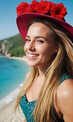 portrait of a woman in a hat on the beach