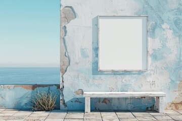 Blank Poster Frame on Rustic Wall. Empty poster frame on a weathered wall with ocean view, ideal for adding custom text or artwork.