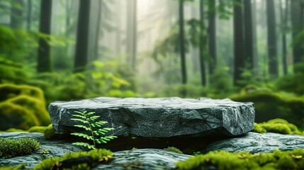 Stone Platform in a Misty Forest