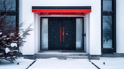 Wall Mural - matte black door with bright red accents on a modern white house, stylish and dramatic against the w
