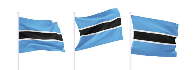 Wall Mural - Set of Botswana waving flag on flagpole. Realistic 3d design flag flies on the wind on isolated white background. vector illustration