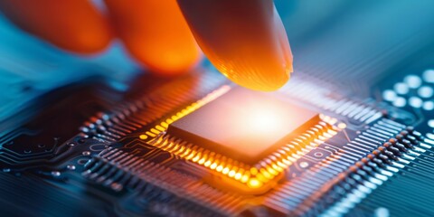 Leinwandbilder - Fingertip touching an illuminated microchip on a circuit board, emphasizing the integration of advanced technology and digital innovation