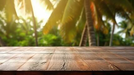 Wall Mural - Whole coconuts with brown and rough texture on rustic wooden table with tropical palm background at sea with blue sky and golden sun ray shining. Summer refreshment and exotic cuisine concept. AIG35.