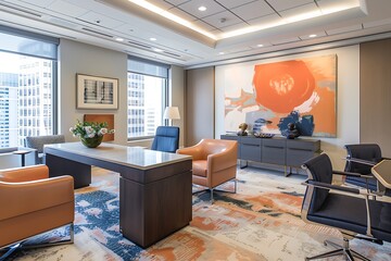 Wall Mural - Sleek office space, peach and navy details, sleek furnishings, 32k UHD,