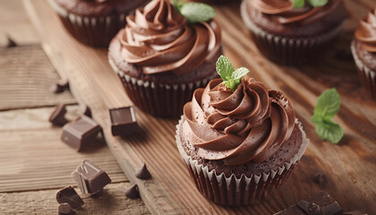 Wall Mural - Chocolate cupcakes with mint on wooden table